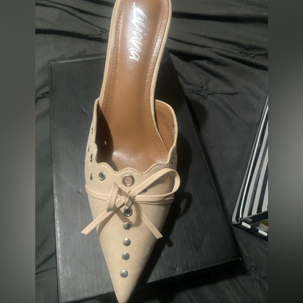 Beige Pointed Toe Mule with Bow and Studs